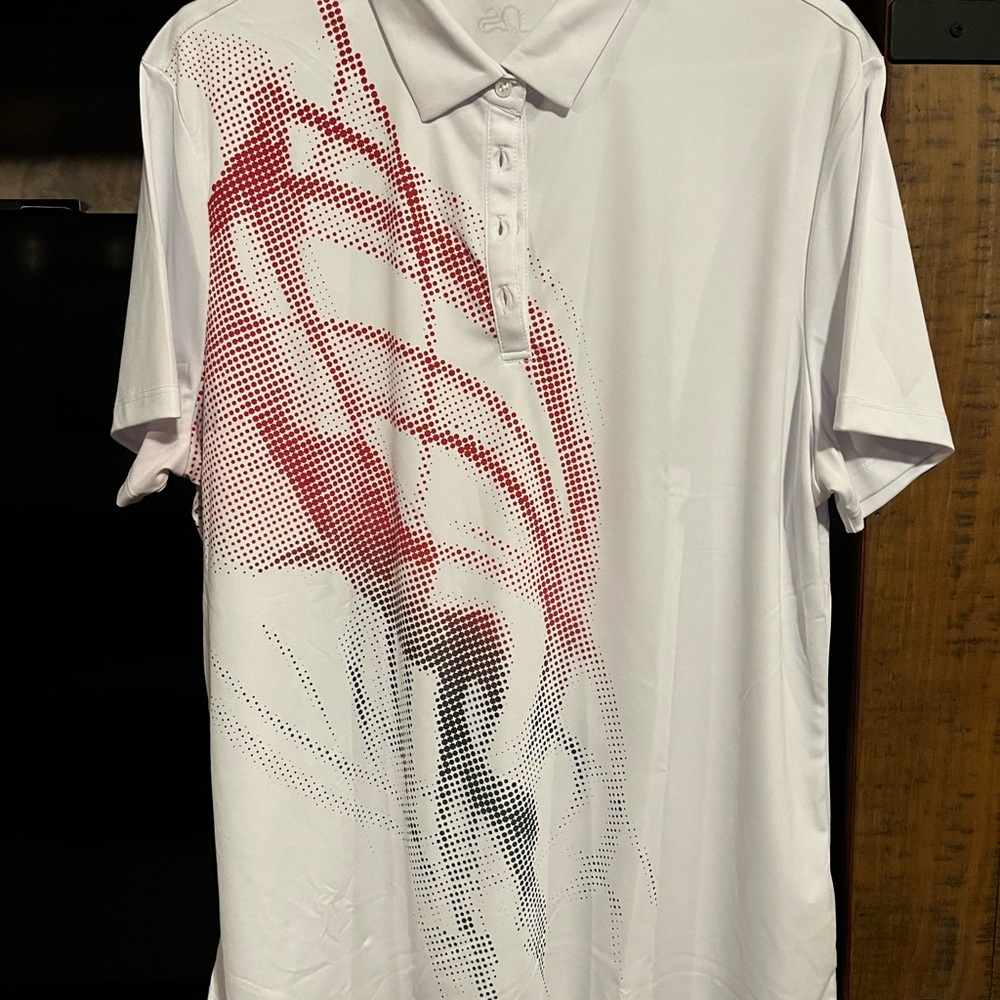 Women’s White Polo Shirt with Red Graphic